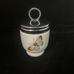 White Porcelain Egg Cup with Butterfly and Strawberry Accent